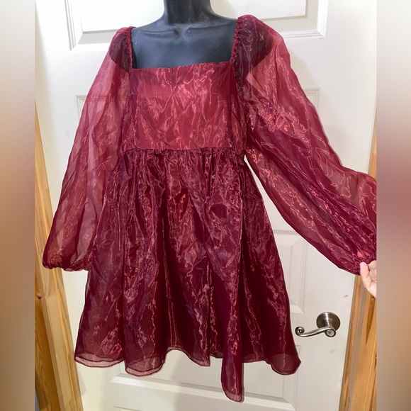 Altar'd State Women's Maroon Liz Babydoll Puff Sleeve Dress Size Large NWOT. - Picture 6 of 10